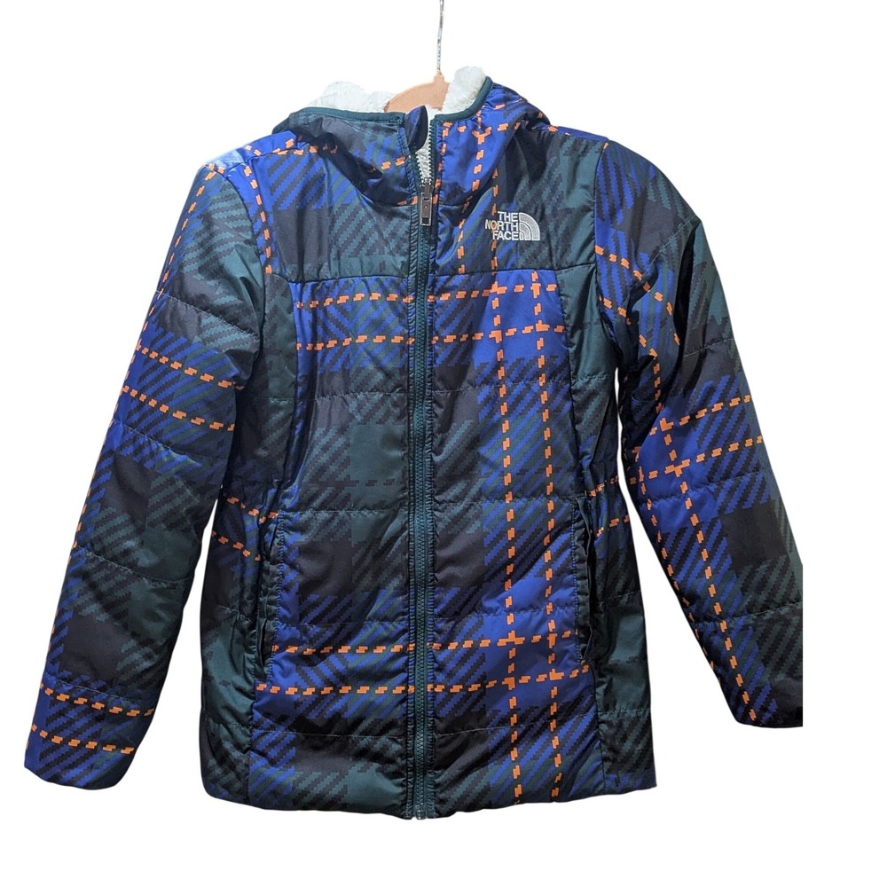 The North Face Kids Girls Reversible Plaid Fleece Hooded Winter Jacket Size L